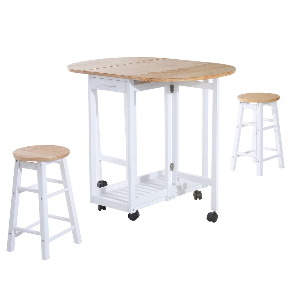 3pc Wooden Kitchen Cart Mobile Rolling Trolley Folding Stools Wheels Drawers-Seasons Home Store