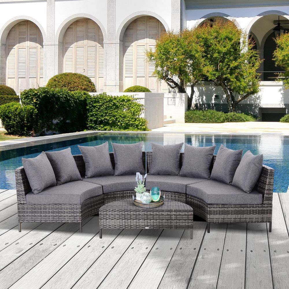 4-Seater Half Moon Shaped Rattan Outdoor Garden Furniture Set Grey-Seasons Home Store