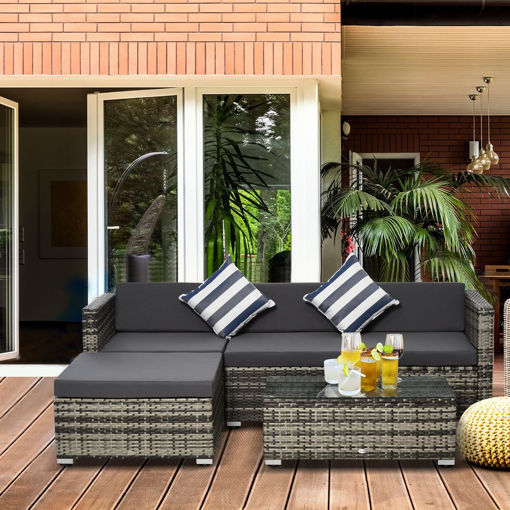 5PC Rattan Furniture Set Wicker Sofa Glass Tempered Tea Table & Cushion Pillows-Seasons Home Store