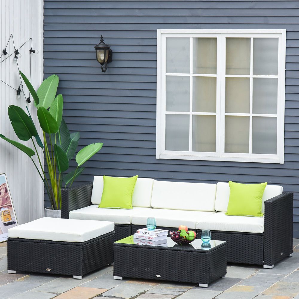 5PC Rattan Furniture Set Wicker Sofa Glass Tempered Tea Table & Cushion Pillows-Seasons Home Store