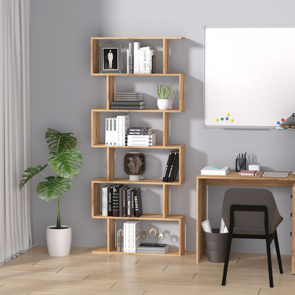 6-Tier Wooden Modern S-Shaped Shelf Storage Unit Home Office Oak Colour-Seasons Home Store