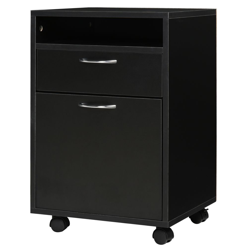 60cm Storage Cabinet w/ Drawer Open Shelf Metal Handles 4 Wheels Black-Seasons Home Store