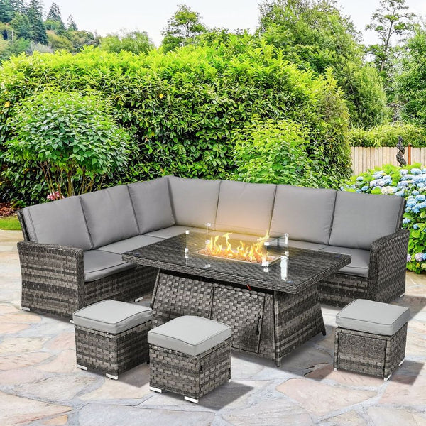 7 Pieces Rattan Garden Furniture Set 50,000 BTU Gas Fire Pit Table-Seasons Home Store