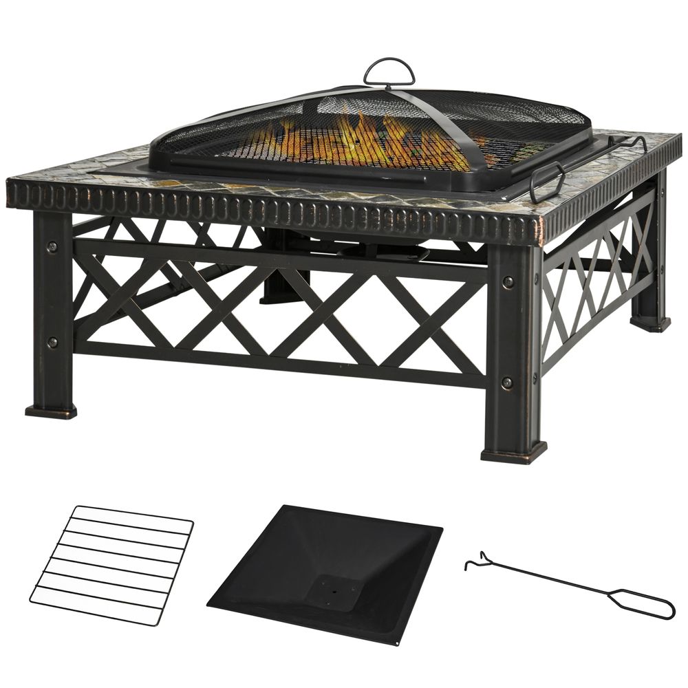 76cm Square Garden Fire Pit Square Table w/ Poker Mesh Cover Log Grate-Seasons Home Store