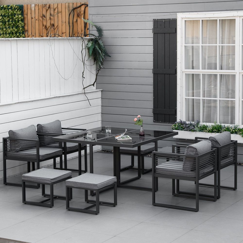 8 Seater Dining Cube Set Dining Table, 4 Chairs & 4 Footstools & Cushion, Grey-Seasons Home Store