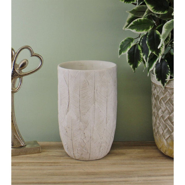 Cement Embossed Leaf Vase, 21.5cm-Seasons Home Store