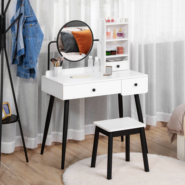 Dressing Table Set with 3 Drawers, Storage shelves and Stool, White-Seasons Home Store