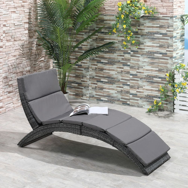 Garden Patio Rattan Wicker Folding Sun Lounger Cushion Grey-Seasons Home Store