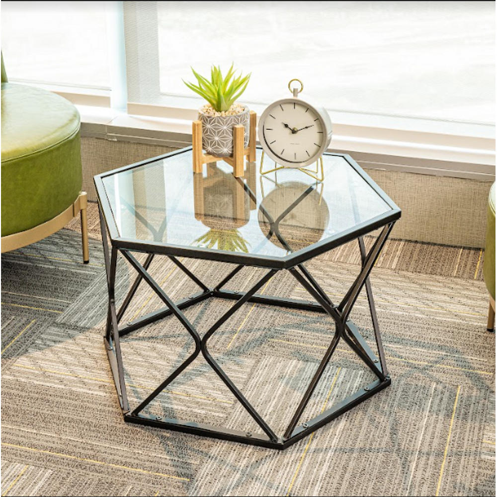 Hexagon Tempered Glass Black Coffee Side Table (Big) - SLENDER-Seasons Home Store