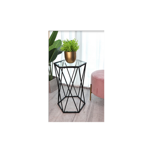 Hexagon Tempered Glass Black Side Table (Small) - SLENDER-Seasons Home Store