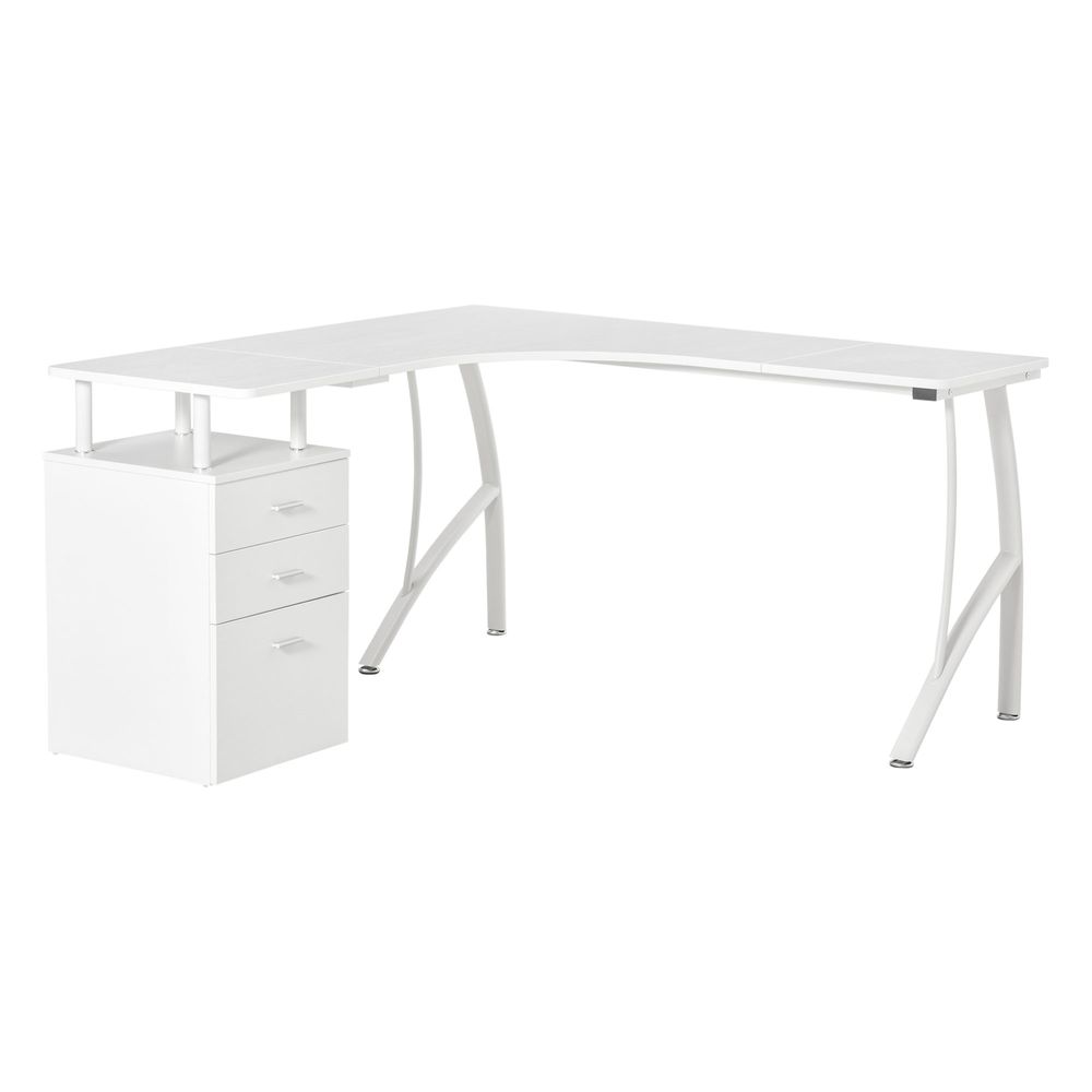 L-Shaped Corner PC Desk Table w/ Drawer Home Office Workstation, White-Seasons Home Store