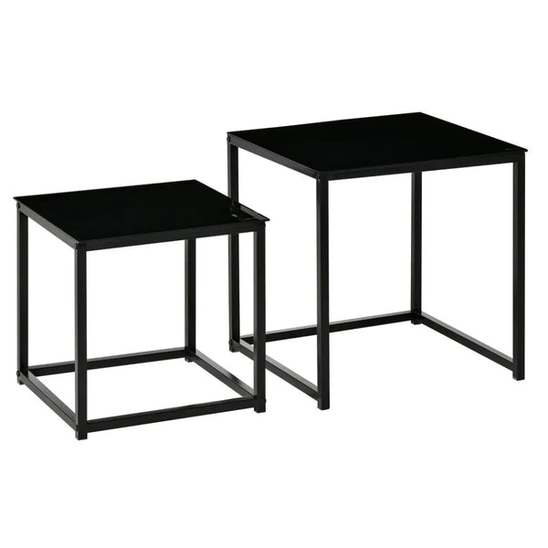 Nest of 2 Side Tables Set of Bedside Tables / Tempered Glass Desktop Black-Seasons Home Store