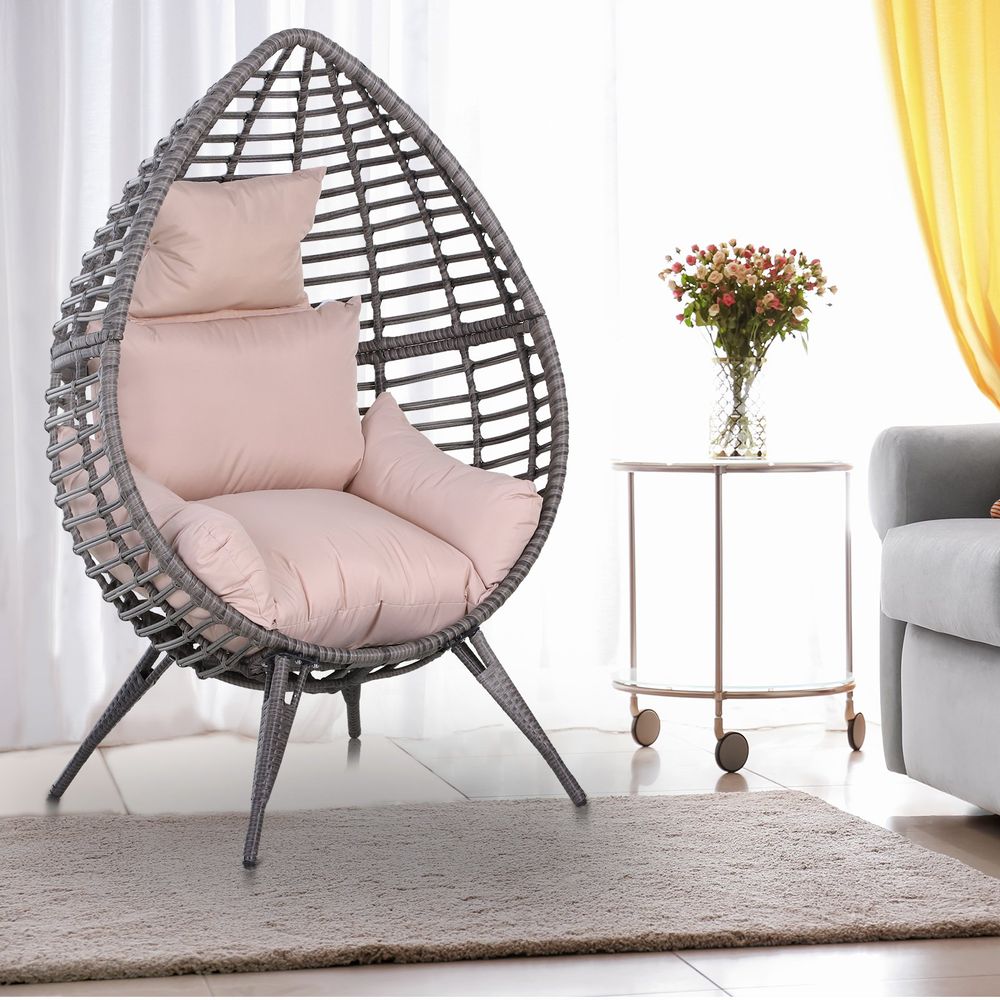 Outdoor Indoor Rattan Egg Chair Wicker Weave Teardrop Chair with Cushion-Seasons Home Store