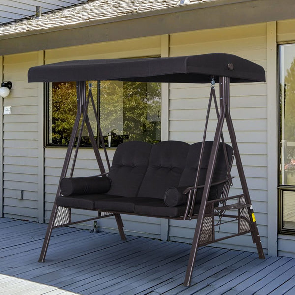 Outsunny 3 Seater Garden Swing Chair Patio Swing Bench Cup Trays Black-Seasons Home Store