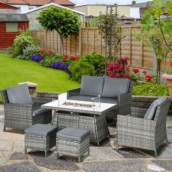 Outsunny Rattan Garden Furniture Sofa Set Armchairs Footstools Fire Pit Table-Seasons Home Store