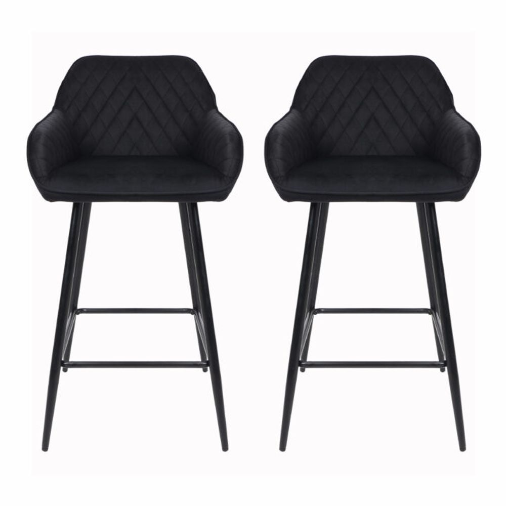 Set of Two Cadiz Black Crushed Velvet Bar Stools with Black Metal Leg-Seasons Home Store