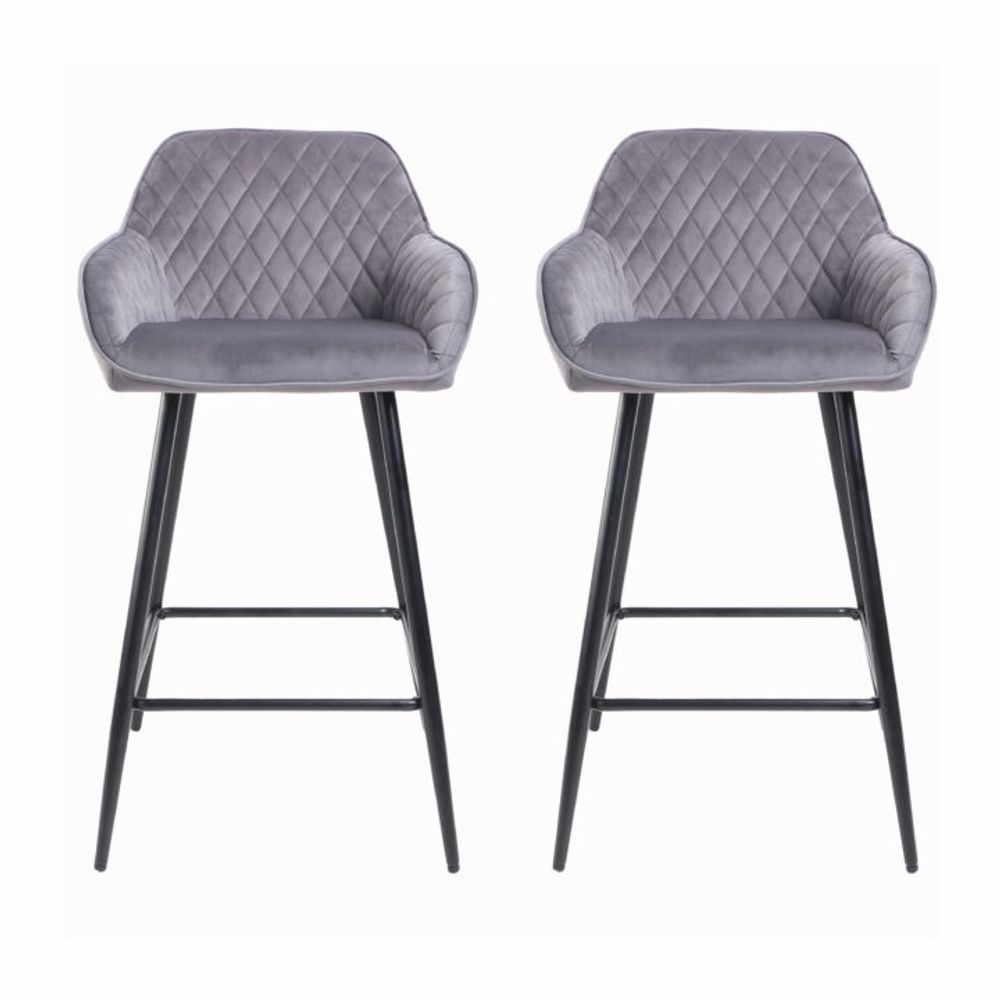 Set of Two Cadiz Dark Grey Crushed Velvet Bar Stools with Black Metal Leg-Seasons Home Store