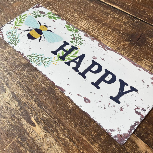 Vintage Metal Sign - Bee Happy Wall Sign-Seasons Home Store