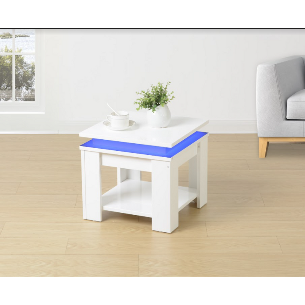 WHITE Square Side Table with BLUE LED Light-Seasons Home Store