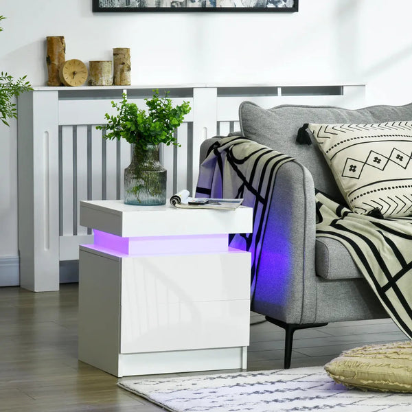 White Bedside Table, High Gloss Front Nightstand / LED Light, 2 Drawers-Seasons Home Store