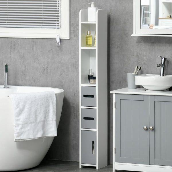 kleankin Freestanding Tall Bathroom Cabinet W/ Open Shelves 3 Cupboards, Grey-Seasons Home Store
